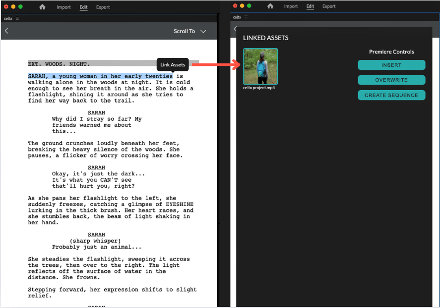 A screenshot showing how to link assets in the celtx panel within adobe premiere pro