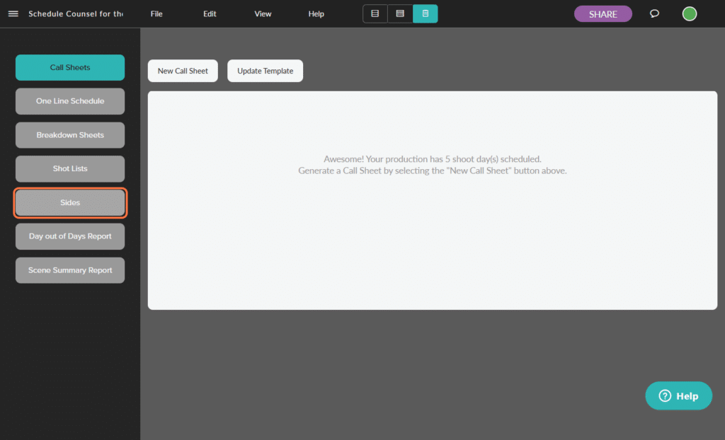 The Call Sheets & Reports section of the Celtx Script Writing Software where you can create Sides