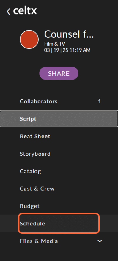 The Celtx Script Writing Software dashboard showing the "Schedule" button highlighted.