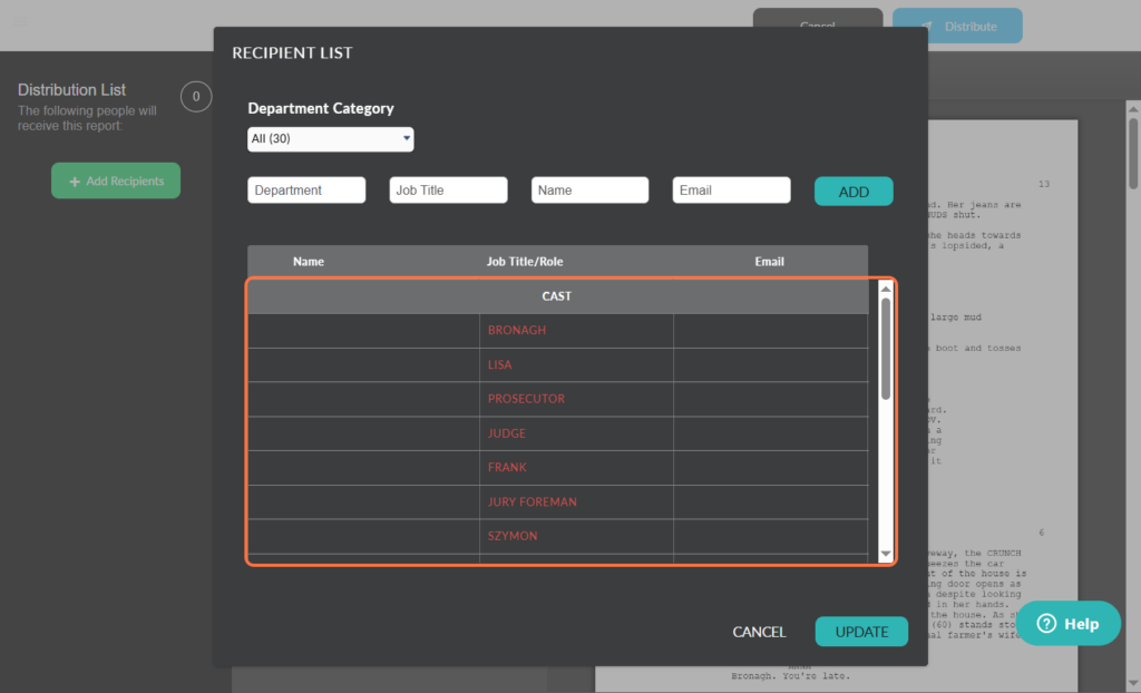 a screenshot from the celtx script writing software showing how to add recipients to your distribution list for script sides.