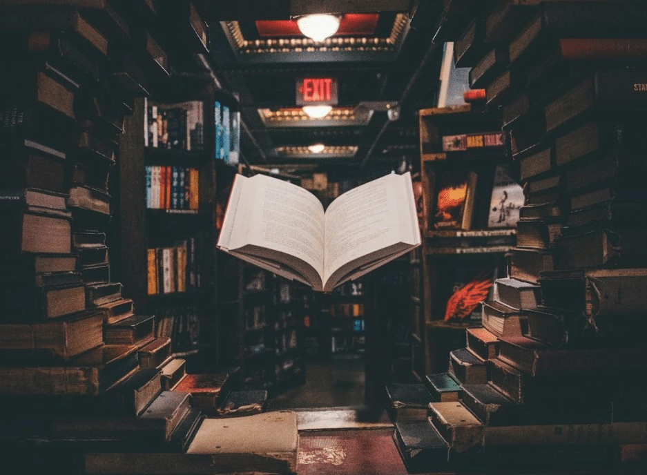 A book surrounded by books in a circle in a library