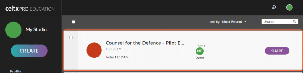 A project in Celtx Studio dashboard called "Counsel for the Defence"