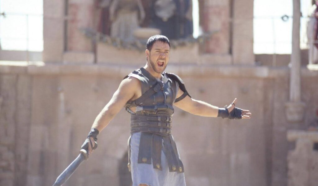A still from the 2000 film Gladiator - which uses The Heroic story climax type
