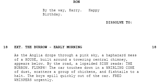 Example of DISSOLVE TO: scene transition in the Harry Potter script