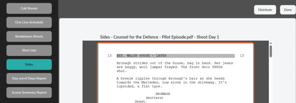 an example of script sides for shoot day 1 of this production, created in Celtx Studio