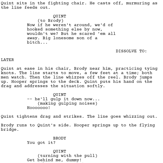 A film transition example from the script for Jaws, which serves to build suspense.