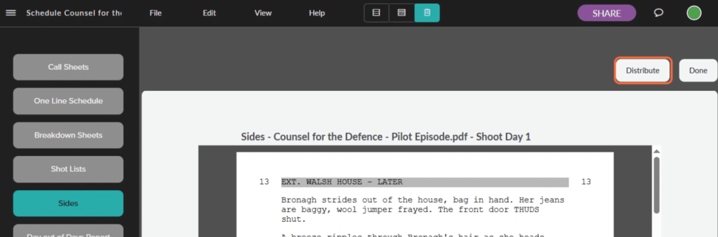 a screenshot highlighting the "distribute" button for script sides to be sent to your cast and crew from within the Celtx software.