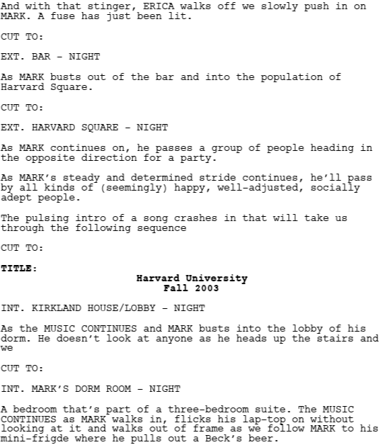 script excerpt from The Social Network showing a scene transition that serves the purpose of maintaining momentum in the story.