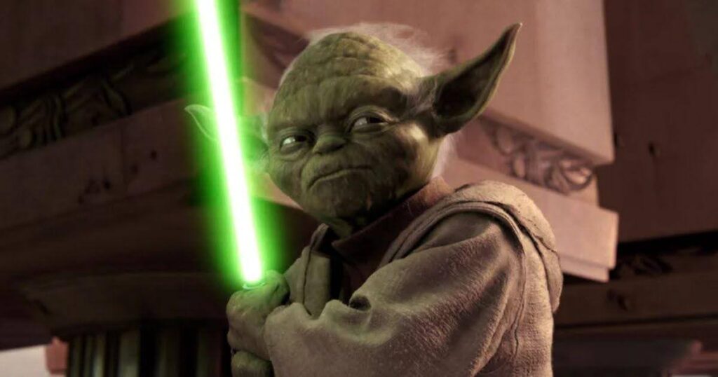 An iconic mentor character archetype, Yoda from Star Wars, offering guidance to the hero.