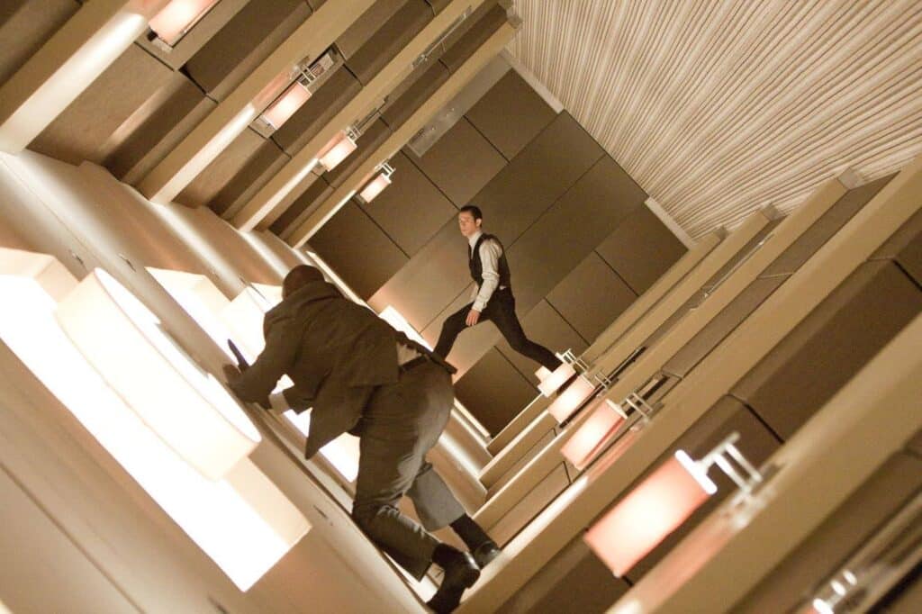 A still from the film Inception - the dream world scene where the ticking of the clock is heard (an example of non-diegetic sound)