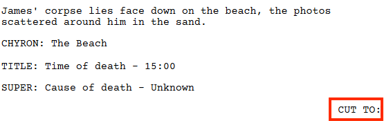 An example of a scene transition in a screenplay, showing "CUT TO:" highlighted.