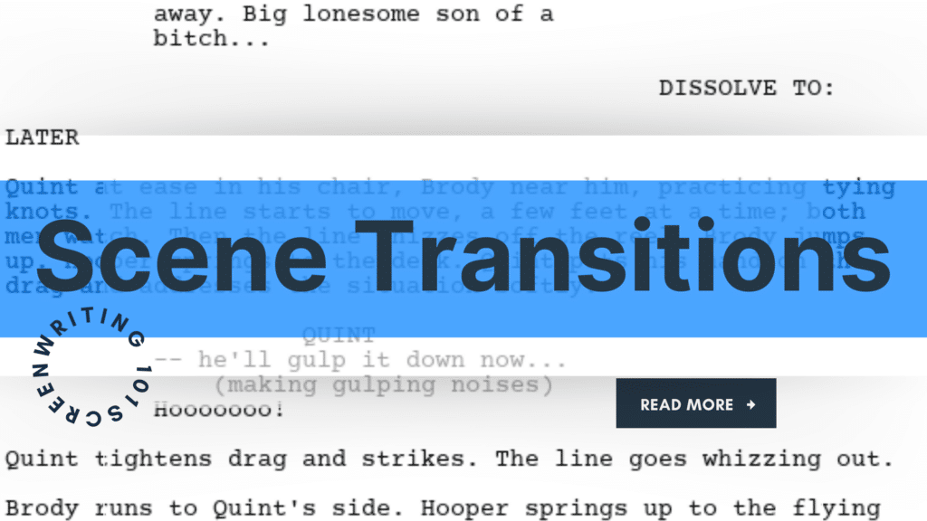 Banner graphic that reads "Scene Transitions: Screenwriting 101: over top of a script that shows DISSOLVE TO