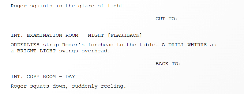 Example of the BACK TO: scene transition in a screenplay.
