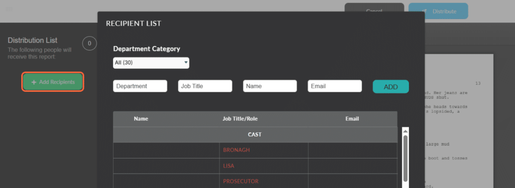 How to add recipients to distribute your script sides.