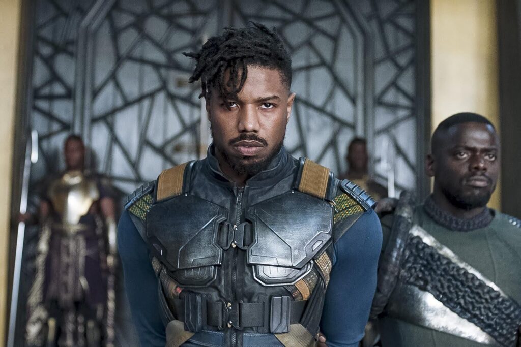 A still of Erik Killmonger from Black Panther - an example of a villain character archetype.