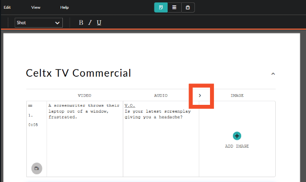 adding images to an AV script using celtx script writing software