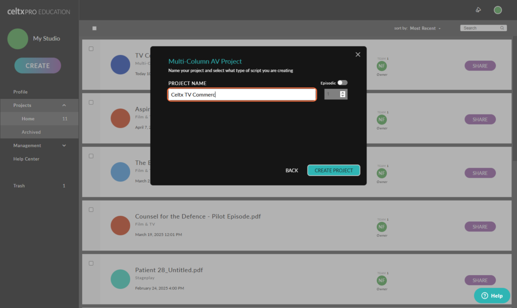 Name your new project in Celtx