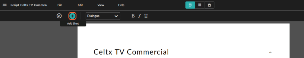 "Add Shot" is highlighted in the celtx screenwriting software