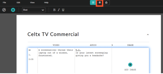 an orange circle highlights how to create a storyboard for your commercial using celtx software