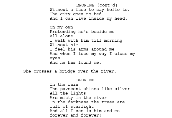 An example of musical script format from the broadway musical: Les Miserables. 

Eponine continues to sing "On My Own" - this example shows dialogue mixed with singing.