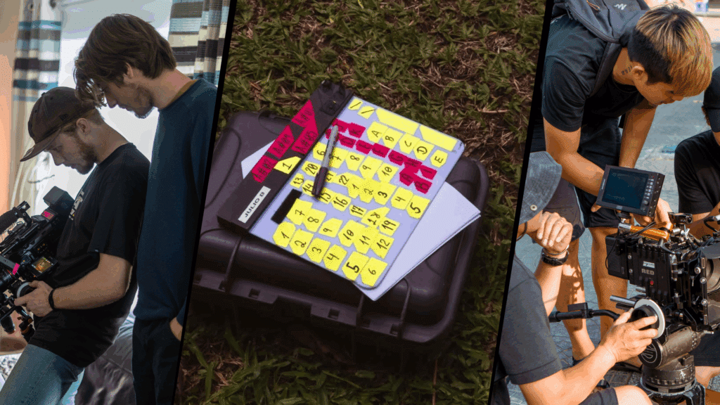 Banner image showing three photos, each depicting a different responsibility of a film production manager: overseeing a filming day, scheduling, and coordination of a set