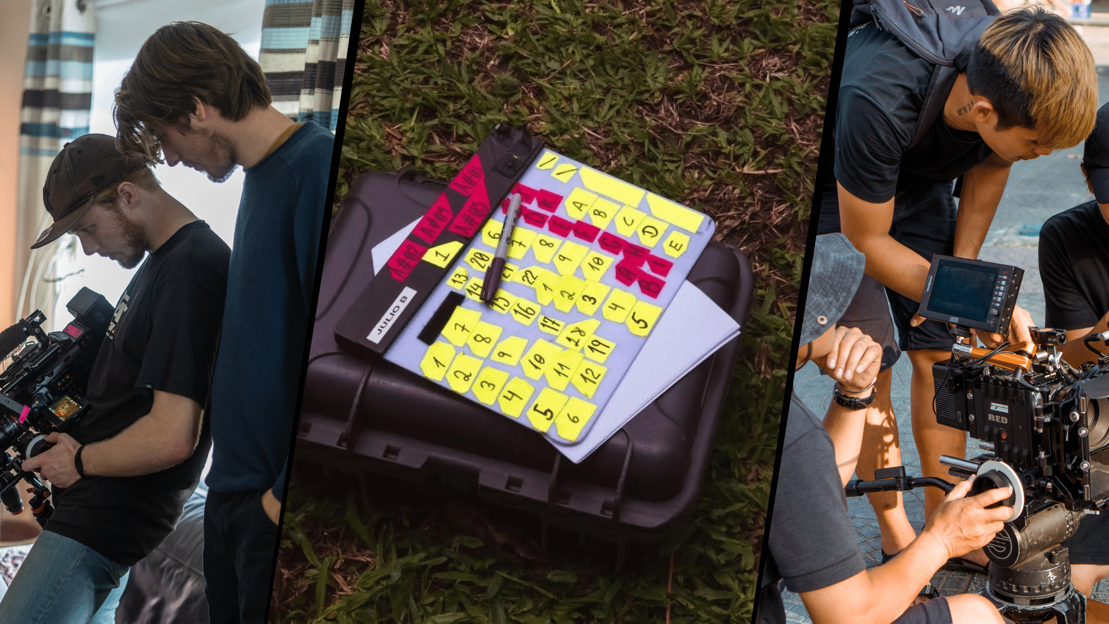 Banner image showing three photos, each depicting a different responsibility of a film production manager: overseeing a filming day, scheduling, and coordination of a set