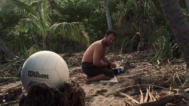 A still from the film Castaway, focused on Wilson, the volleyball. Wilson is an example of personification in film.