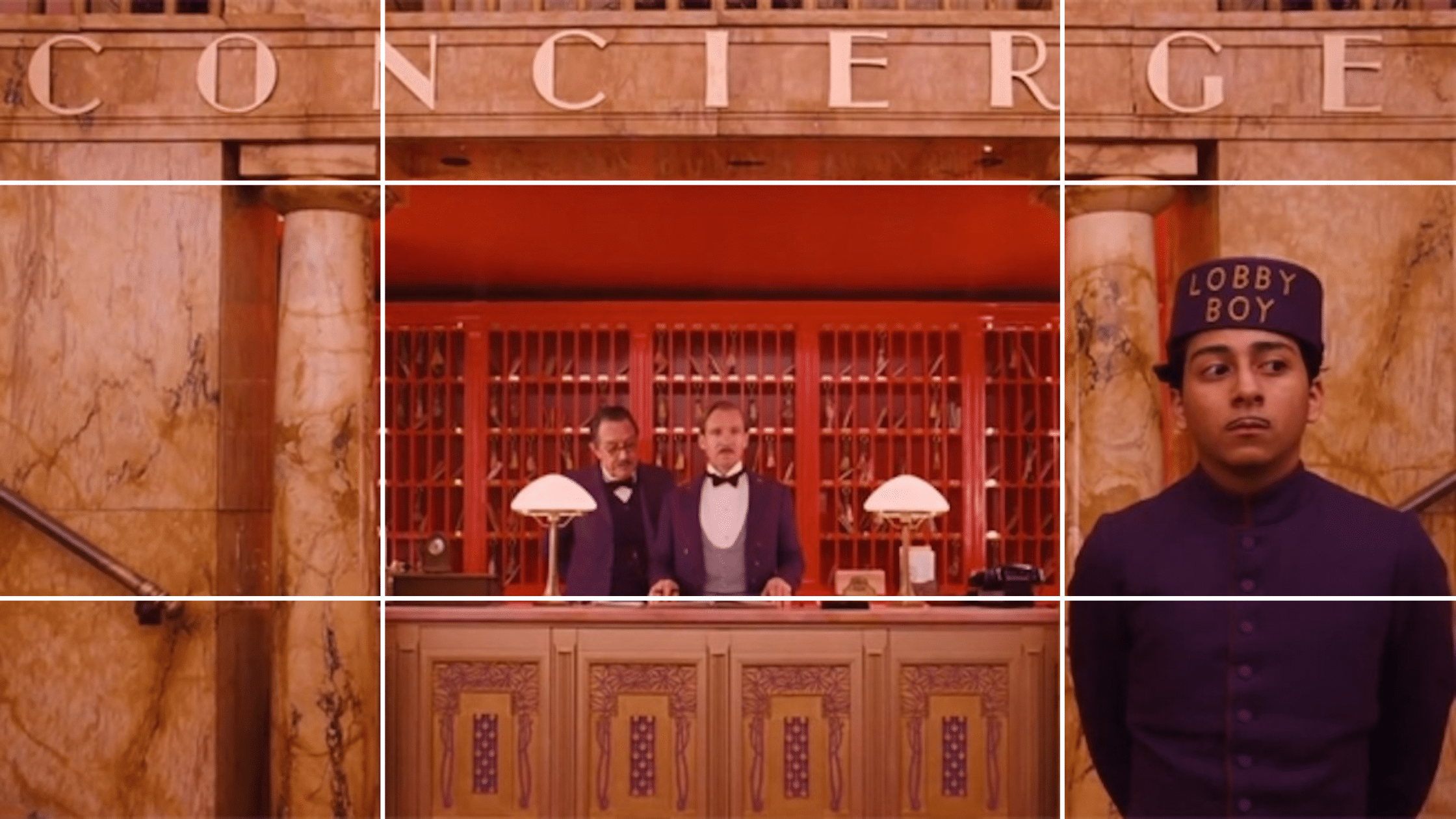 An example of leading lines in film is shown in this still from The Grand Budapest Hotel where the characters and concierge desk are framed perfectly.