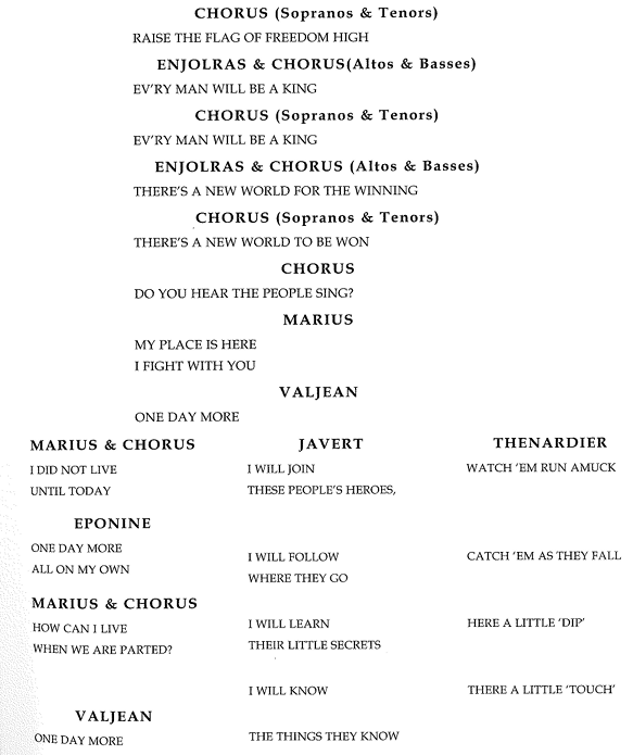 A script excerpt from the stage version of Les Miserables showing how lyrics and dialogue overlap.