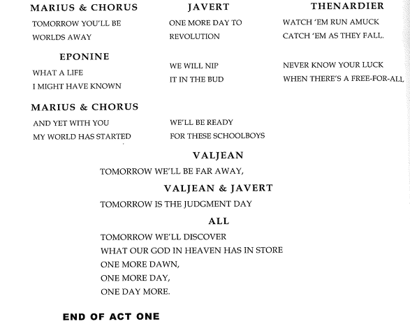 A second script excerpt from the stage version of Les Miserables showing how lyrics and dialogue overlap.