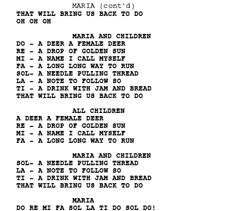 A portion of the script from The Sound of Music, including how the song "Do Re Me" is scripted.