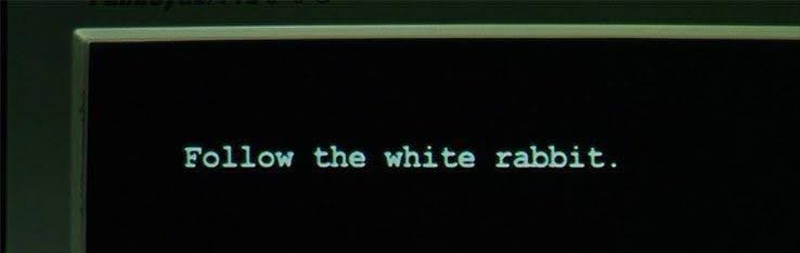 A computer screen reads "Follow the white rabbit" - the catalyst of the inciting incident in The Matrix
