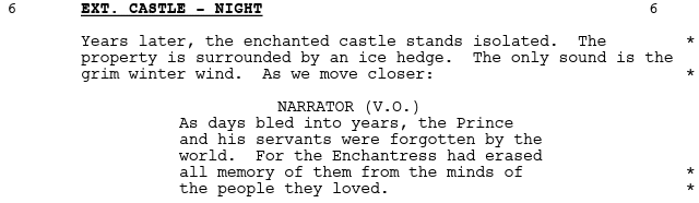 Example of personification in film: 
EXT. CASTLE - NIGHT
Years later, the enchanted castle stands isolated. The property is surrounded by an ice hedge. The only sound is the grim winter wind.