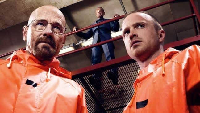Walter and Jesse wearing orange jump suits. Their relationship is Breaking Bad's B Story
