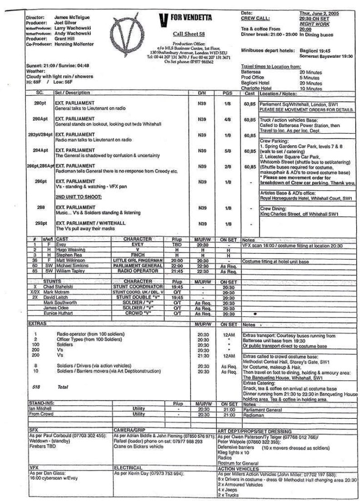 the call sheet from the film production for V for Vendetta