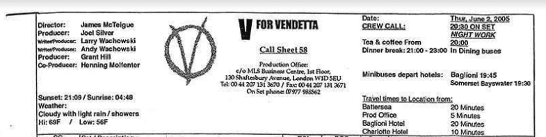 Film call sheet header from V for Vendetta