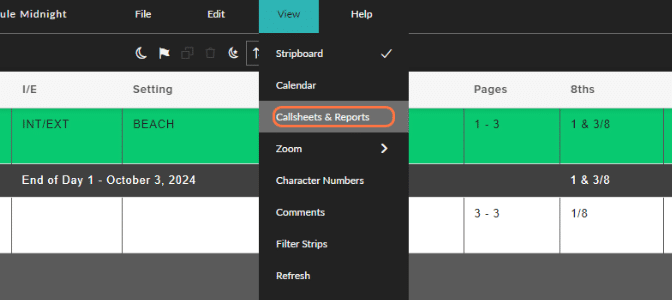 a dropdown in the celtx screenwriting software - the option "Callsheets & Reports" is highlighted