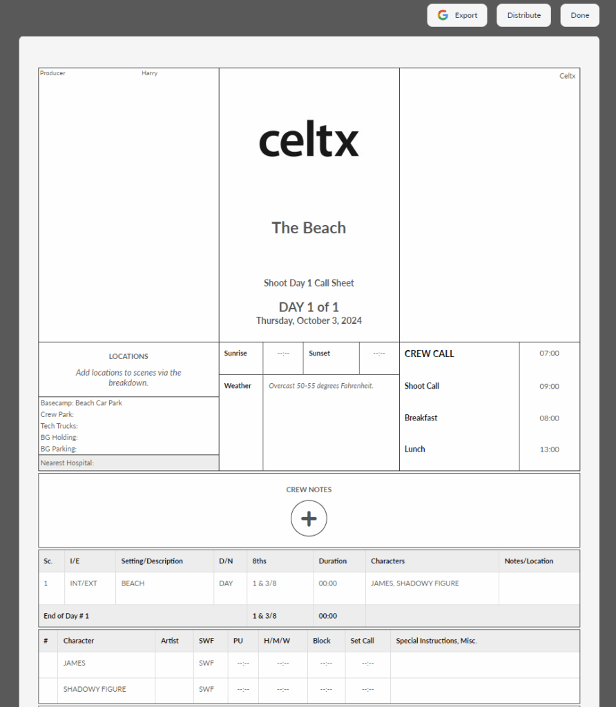 A film call sheet created with celtx script writing & pre-production software