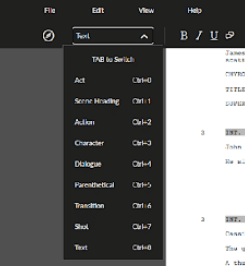 celtx screenwriting software - dropdown that shows different keyboard shortcuts