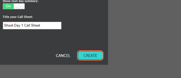 screenshot from inside the celtx script writing software - the "create" button is highlighted, which will create a new call sheet