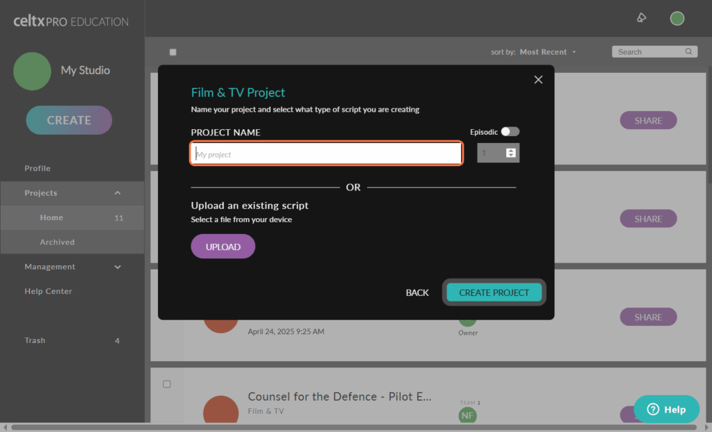 naming your project in celtx