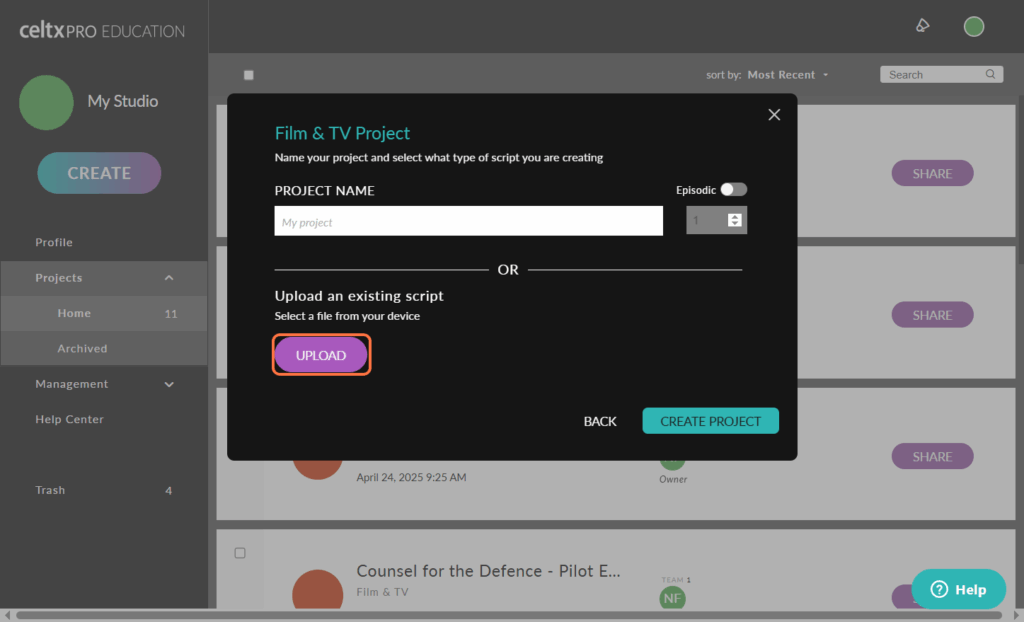 upload your project to celtx