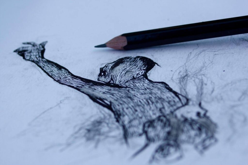 A hand drawn storyboard panel