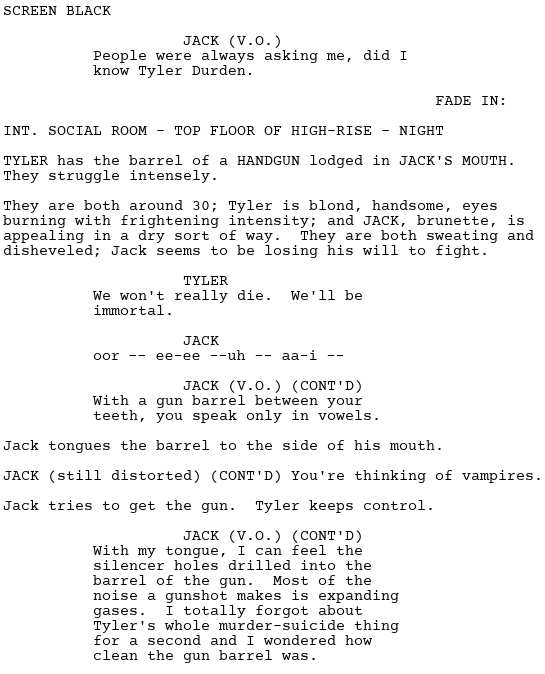 the script from Fight Club showing how to utilize voiceover in a screenplay