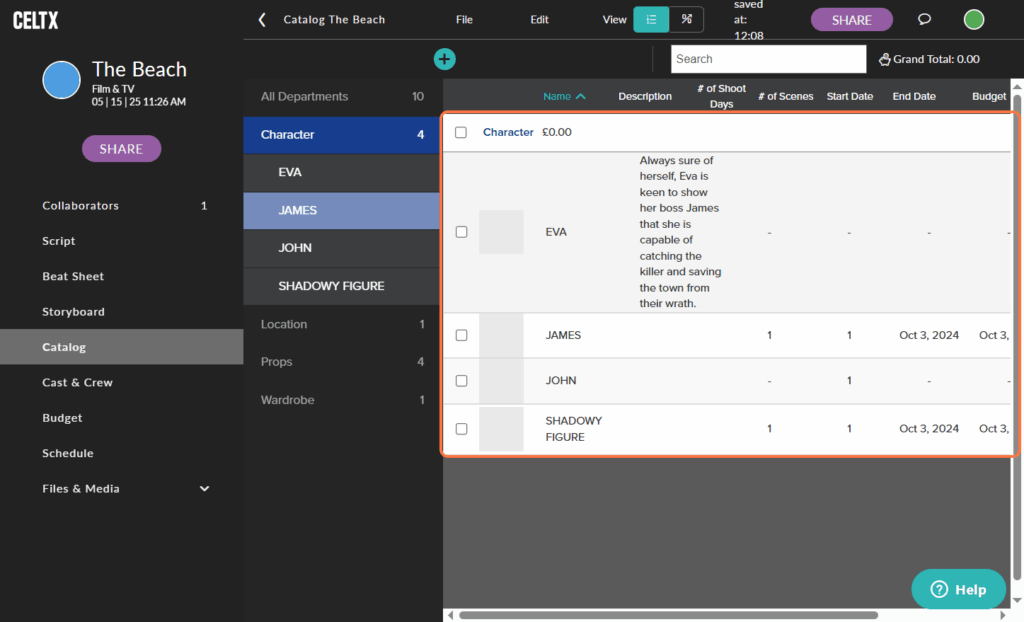 A screenshot showing how to edit the character descriptions within the production catalog