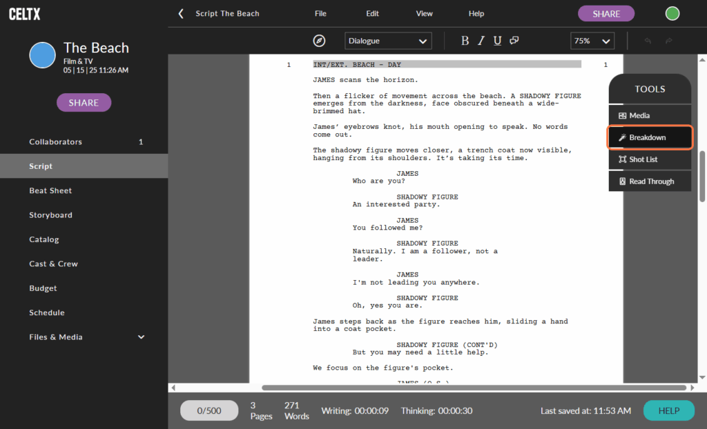 Celtx scriptwriting software. The Breakdown tool is highlighted.