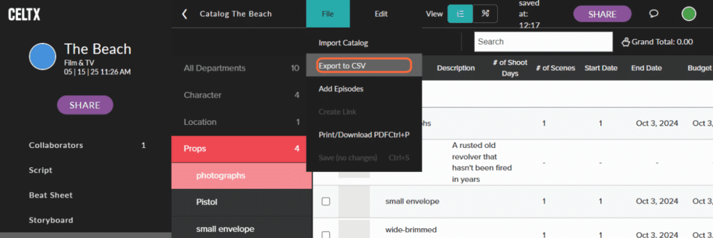exporting your production catalog is as simple as a few clicks. In this screenshot, the "export to CSV" button is highlighted under the File dropdown