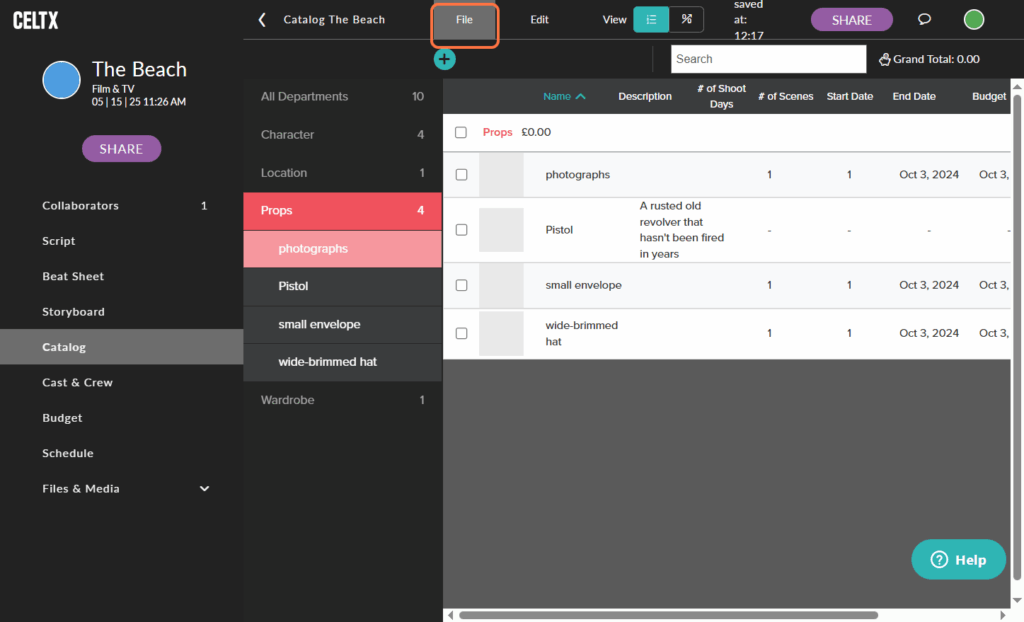 the first step in exporting your production catalog is to click the "File" button on the top bar. In this screenshot, the File button is highlighted.