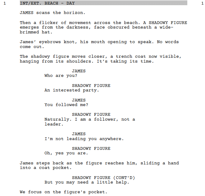 A page from the script "The Beach" written with Celtx Screenwriting Software