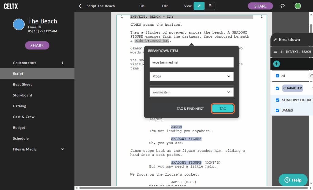 The "TAG" button is highlighted. This is how you add your prop to your production catalog in Celtx